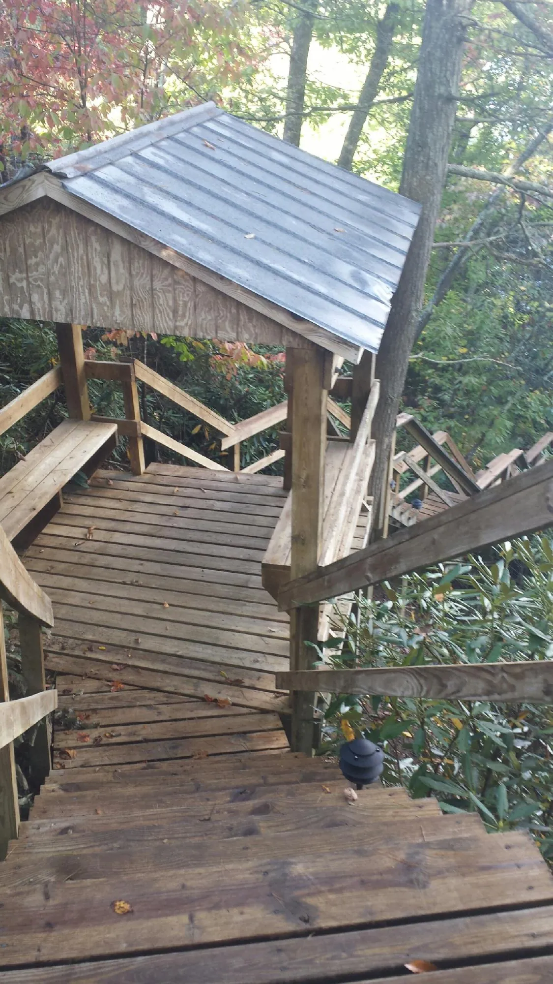 Metal roofed shelter over wooden steps on a wooded walkway — Skylight Repair & Installation work by our crew in Red Lodge